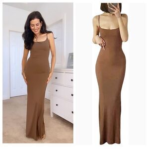Bodycon Maxi Dress Square Neck Brown Small Stretch Fitted Party